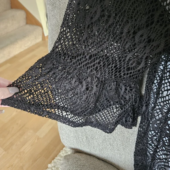 Time & Tru 3X Tie-Front Crochet Cardigan Black Bell Ruffle Sleeve Classic B-2299 - Picture 6 of 8